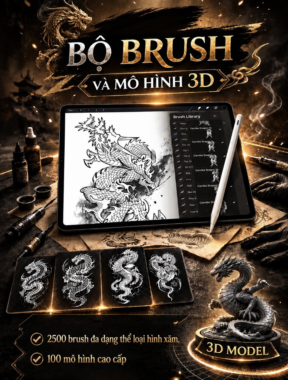 HACK BRUSH 2500 — kho 2500 brush hình xăm cho Procreate